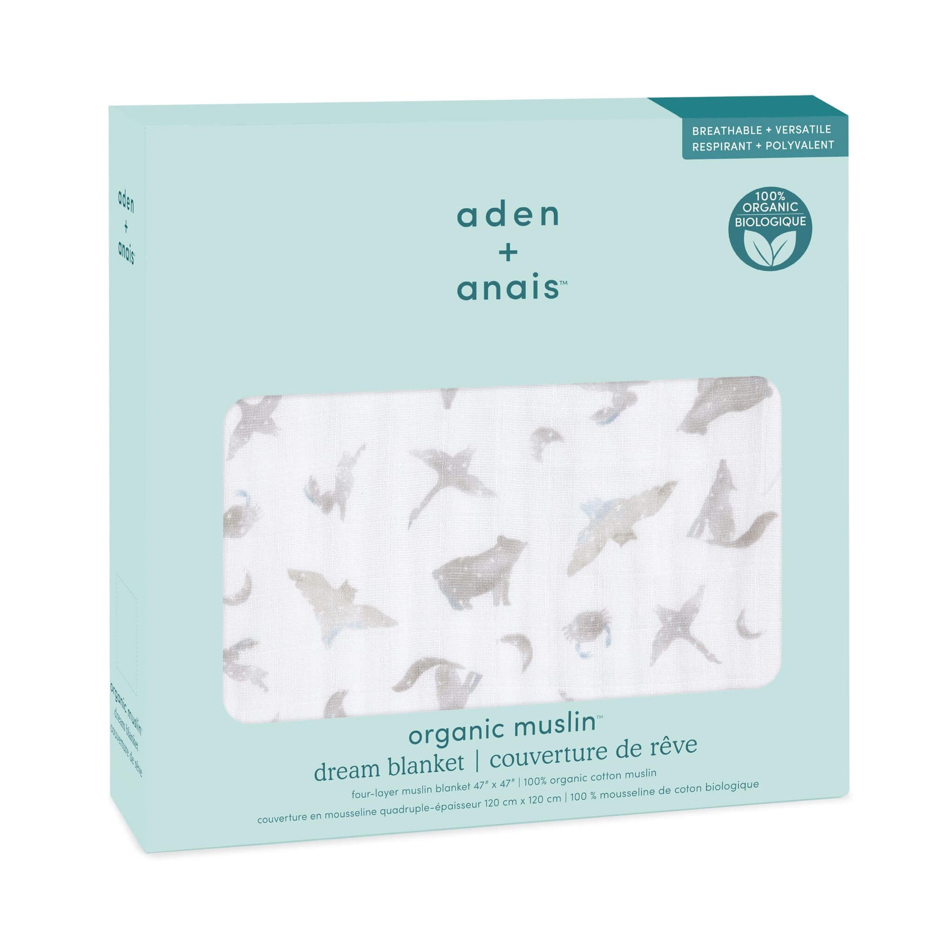aden + anais organic muslin dream blanket in retail box with moon and animal print. Made from GOTS certified cotton muslin, breathable and soft for baby.