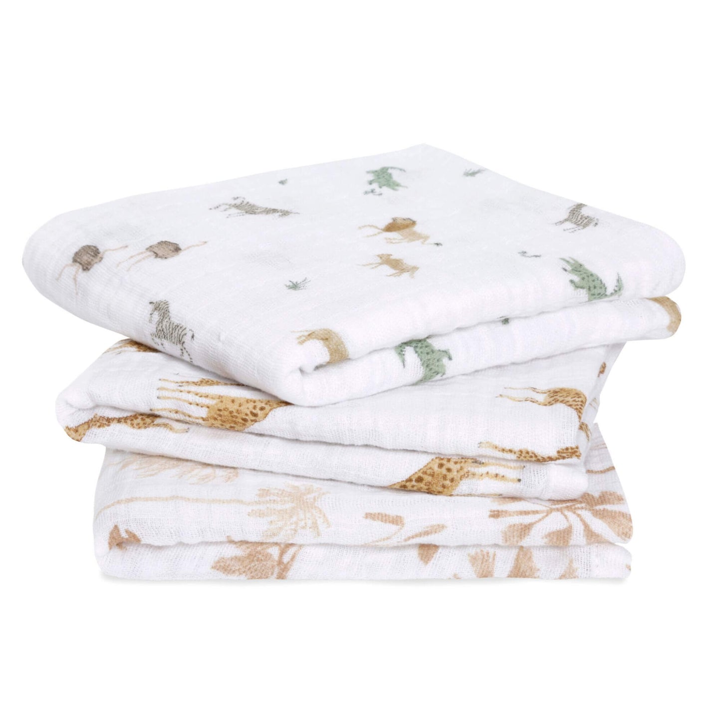 Aden + Anais 3-pack organic muslin squares in Safari Dreams print, featuring soft, breathable fabric and safari animal designs.