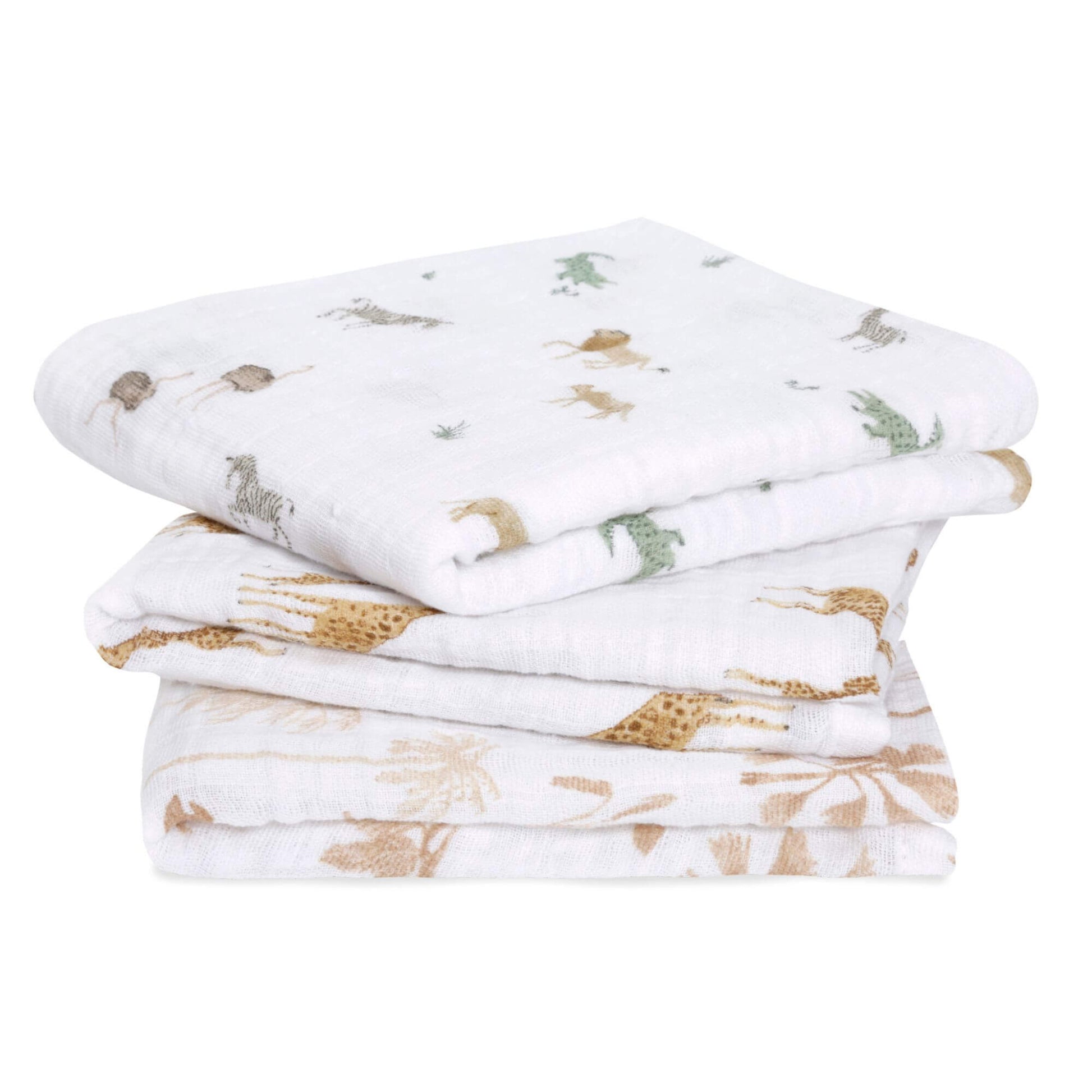 Aden + Anais 3-pack organic muslin squares in Safari Dreams print, featuring soft, breathable fabric and safari animal designs.