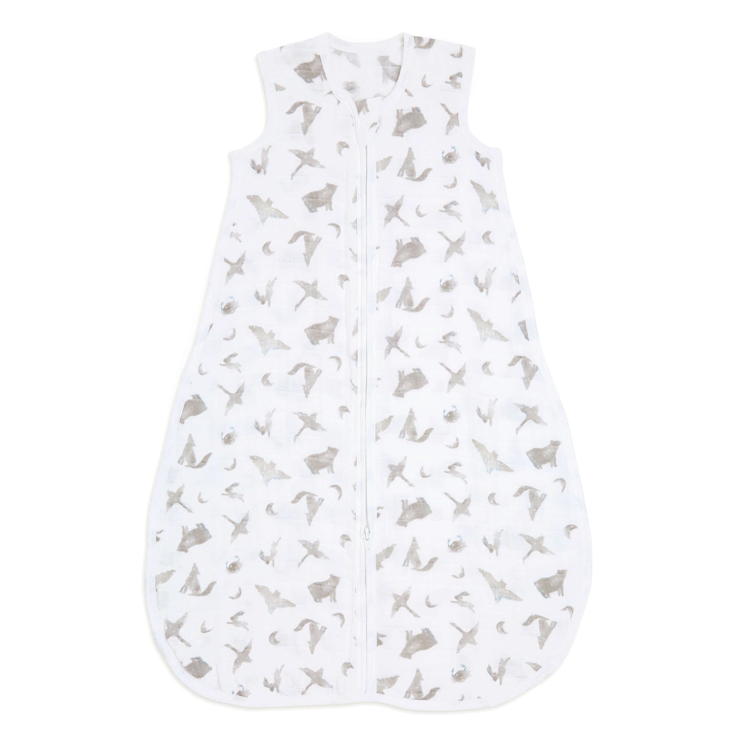 aden + anais organic cotton muslin sleeping bag in Map the Stars print. 1.0 TOG baby sleep sack with grey moons and animal silhouettes.