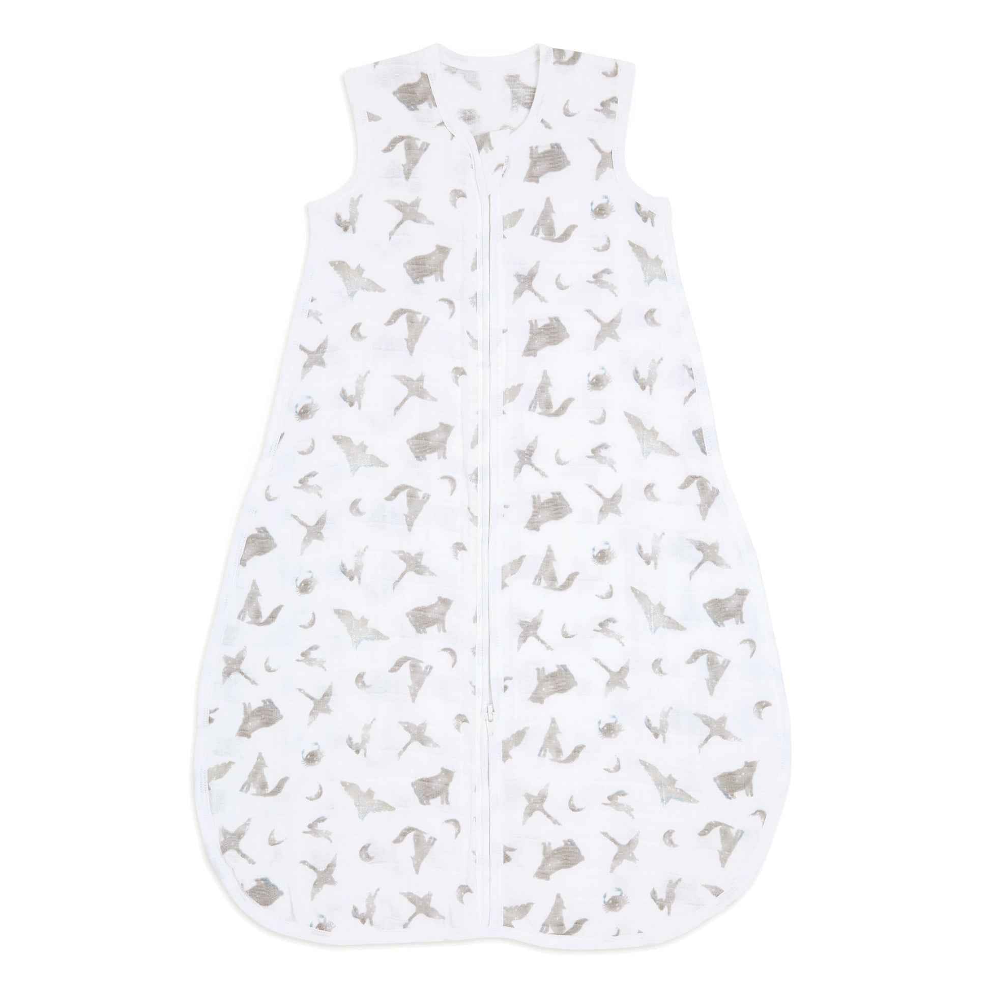 aden + anais organic cotton muslin sleeping bag in Map the Stars print. 1.0 TOG baby sleep sack with grey moons and animal silhouettes.