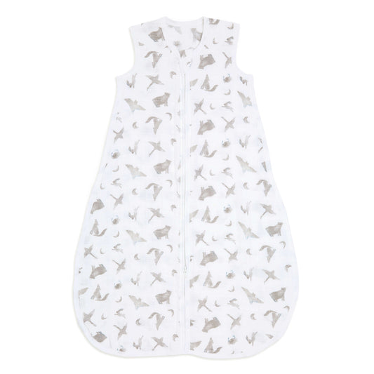 aden + anais organic cotton muslin sleeping bag in Map the Stars print. 1.0 TOG baby sleep sack with grey moons and animal silhouettes.