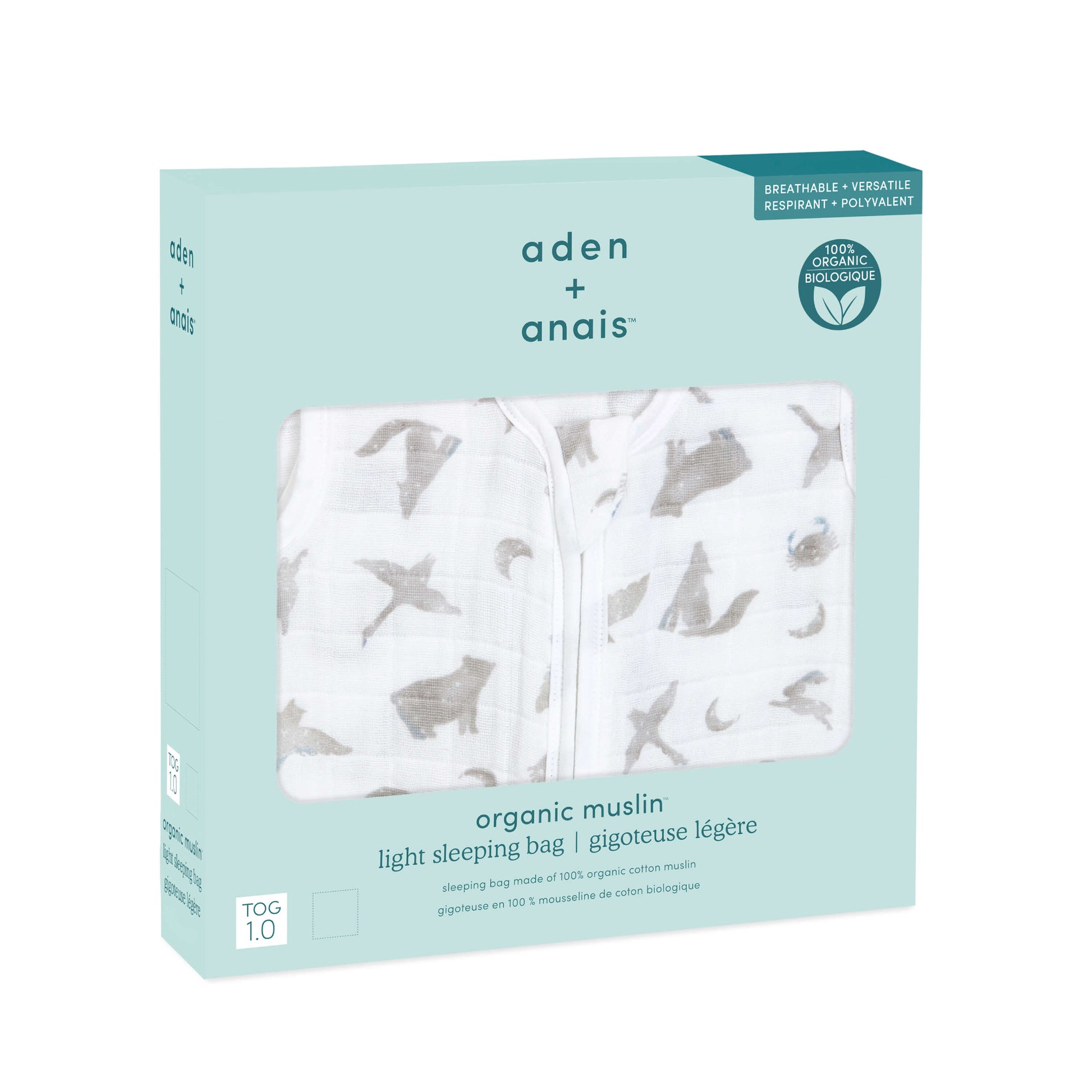 aden + anais organic light sleeping bag in boxed packaging. Breathable cotton muslin with grey celestial animal print, 1.0 TOG.