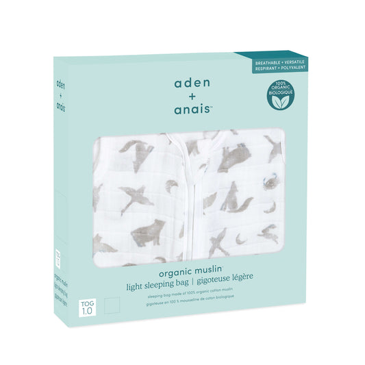 aden + anais organic light sleeping bag in boxed packaging. Breathable cotton muslin with grey celestial animal print, 1.0 TOG.
