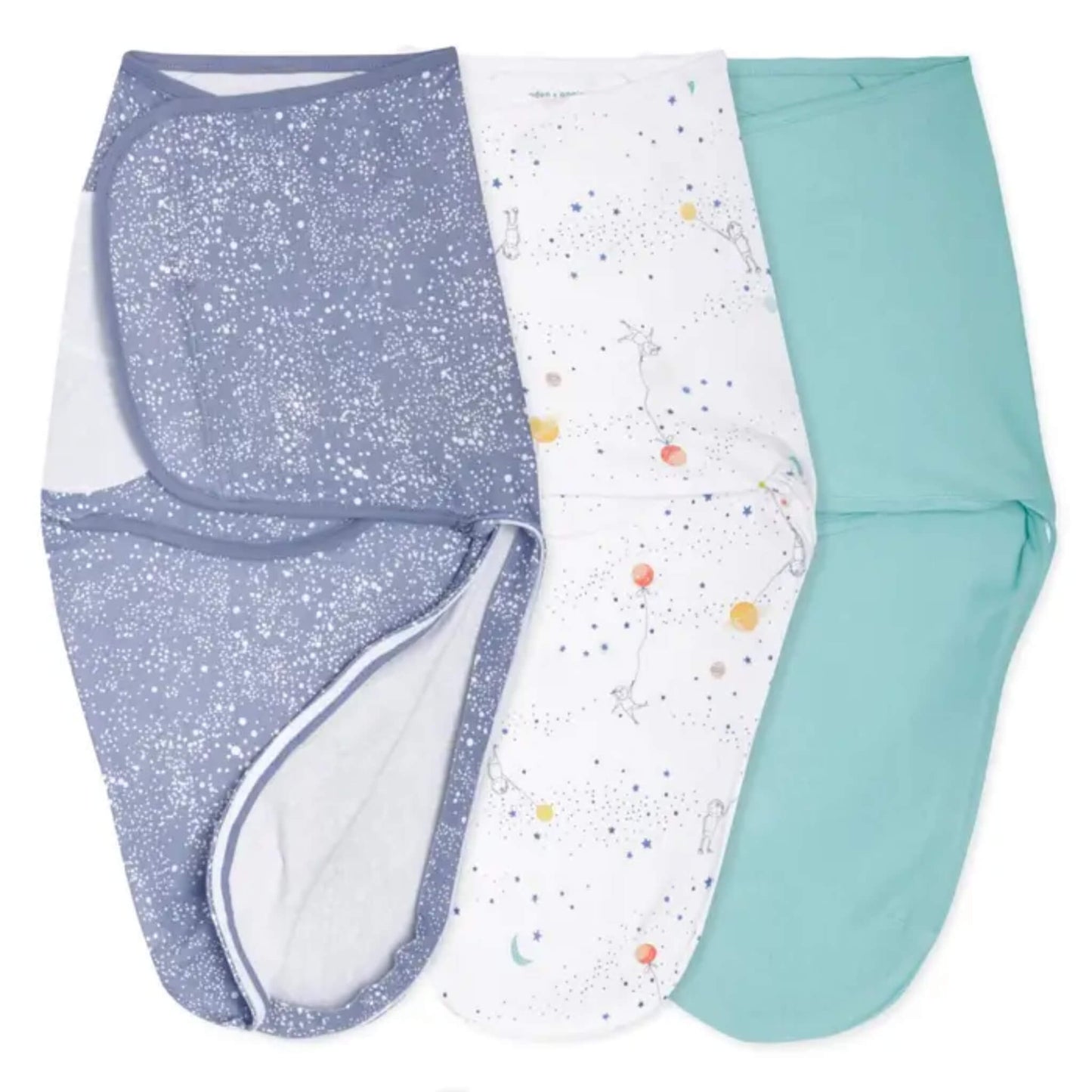 Three soft baby swaddle wraps with zip fastenings in blue with a white starry print, white with colourful planets and stars, and plain aqua.