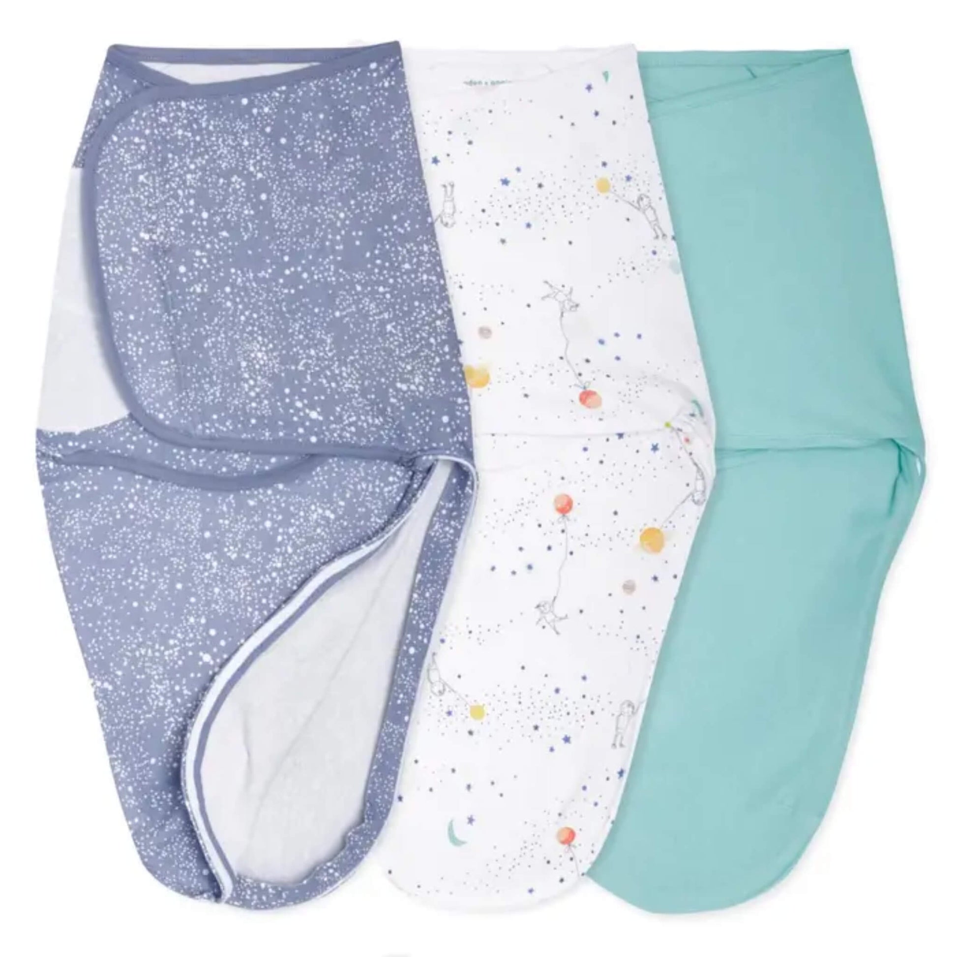 Three soft baby swaddle wraps with zip fastenings in blue with a white starry print, white with colourful planets and stars, and plain aqua.