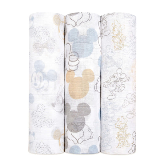 Pack of 3 muslin swaddles measuring 120cm x 120cm each and made from 100% breathable cotton muslin.
