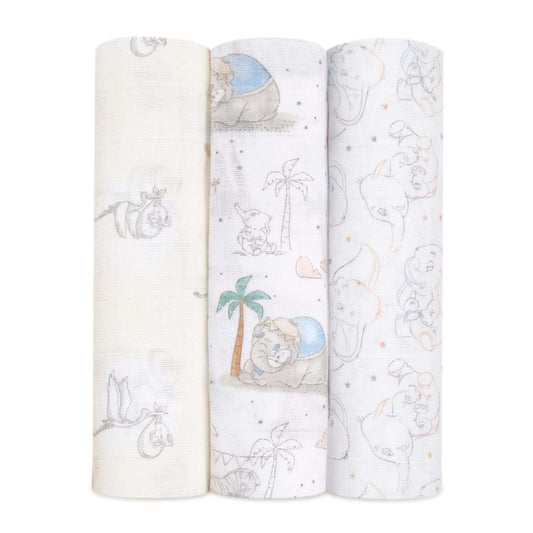 Pack of 3 aden + anais muslin swaddles measuring 120cm x 120cm each and made from 100% breathable cotton muslin.