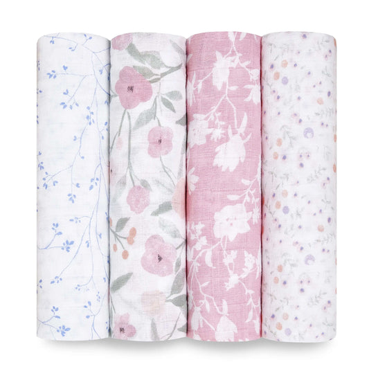 Pack of 4 aden + anais muslin swaddles measuring 120cm x 120cm each and made from 100% breathable cotton muslin.