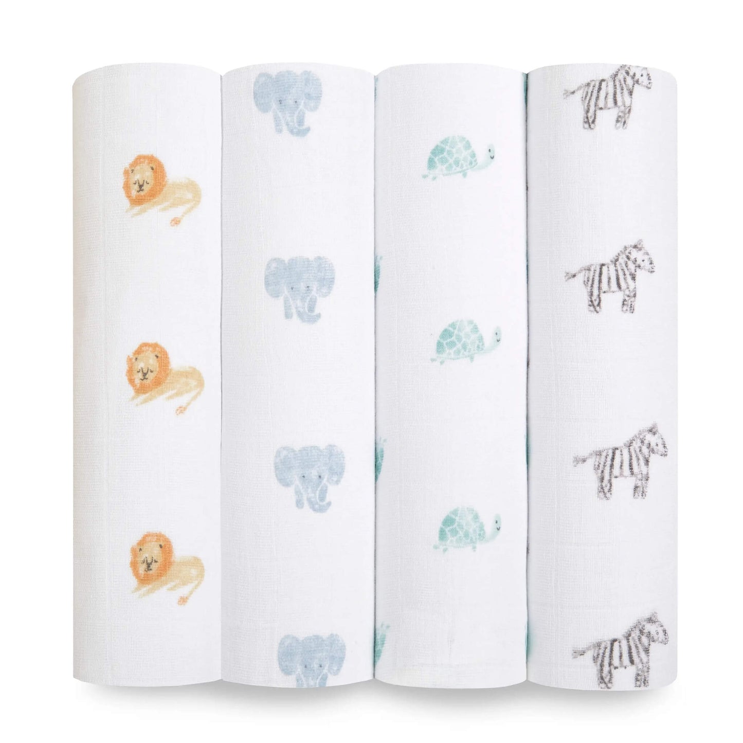Soft, sustainable GOTS certified pack of 4 organic cotton swaddles by aden + anais.