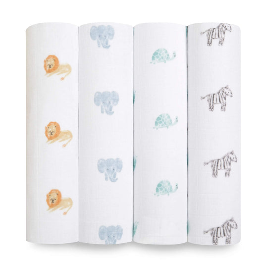 Soft, sustainable GOTS certified pack of 4 organic cotton swaddles by aden + anais.