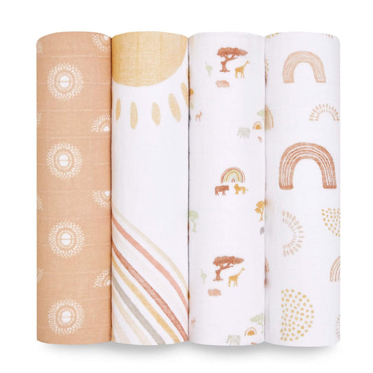 Versatile, breathable muslin  swaddles are a go-to for bedtime  and beyond. Pack of 4 100% cotton muslin swaddles, each measuring 120 x 120cm with signature aden + anais prints.