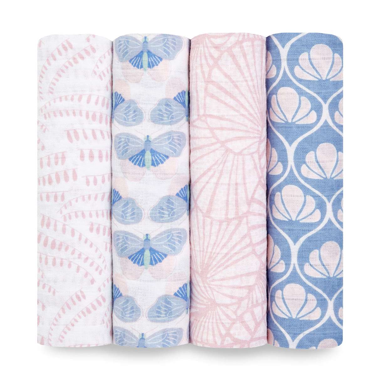 100% cotton muslin aden + anais baby swaddle blankets offer a combination of breathability, versatility, and softness. The fabric is pre-washed, ensuring that it is soft and gentle against a baby's delicate skin right from the start.  Pack of 4. 