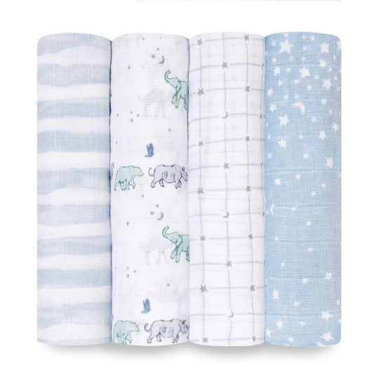 100% cotton muslin aden + anais baby swaddle blankets offer a combination of breathability, versatility, and softness. Pack of 4.  The fabric is pre-washed, ensuring that it is soft and gentle against a baby's delicate skin right from the start. 