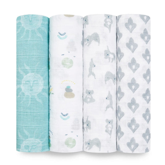 100% cotton muslin aden + anais baby swaddle blankets offer a combination of breathability, versatility, and softness. The fabric is pre-washed, ensuring that it is soft and gentle against a baby's delicate skin right from the start. Pack of 4.