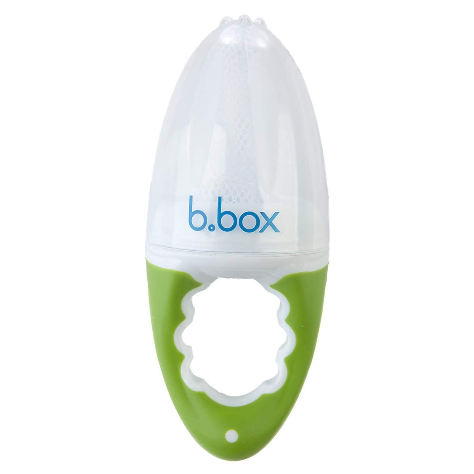 b.box Fresh Food Feeder shown upright with its mesh top, protective cap and green handle visible.