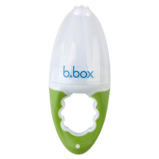 b.box Fresh Food Feeder shown upright with its mesh top, protective cap and green handle visible.
