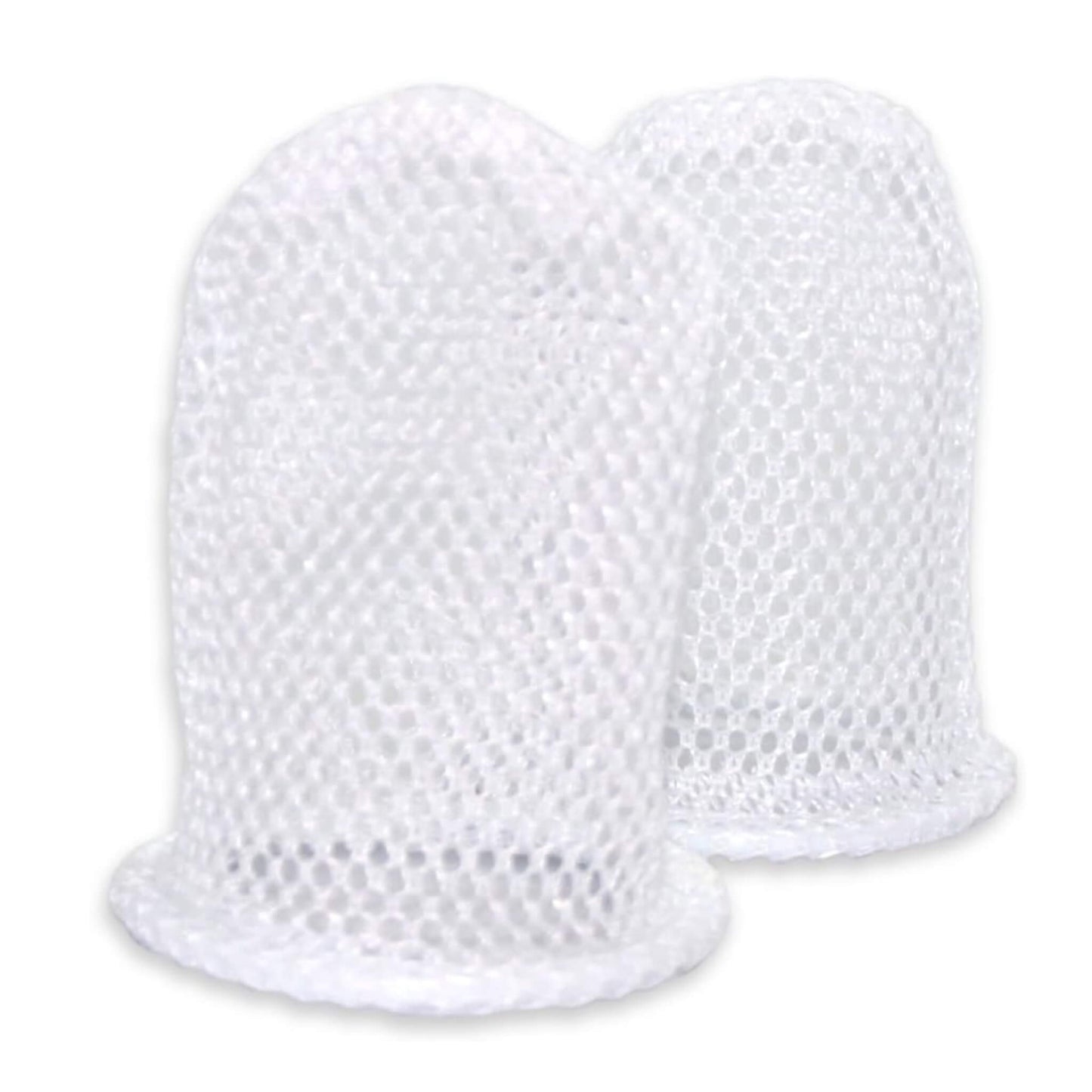Two white mesh feeder bags standing upright, showing their fine texture and rounded open bases.