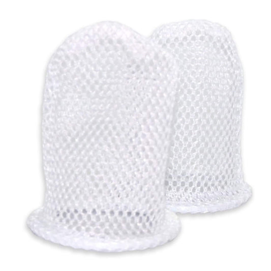Two white mesh feeder bags standing upright, showing their fine texture and rounded open bases.