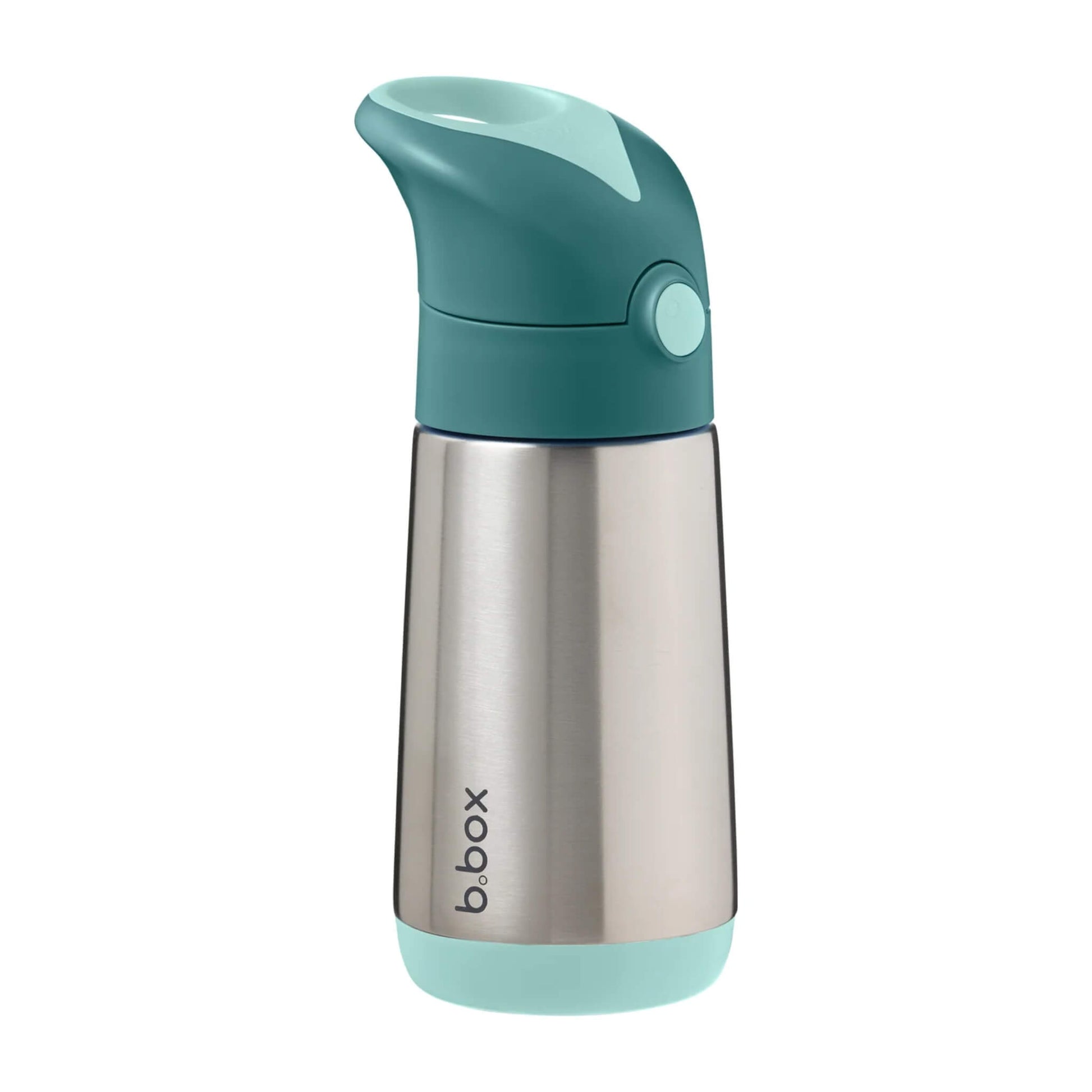 B.box Insulated Drink Bottle 350ml in Emerald Forest. Stainless steel bottle with teal and light green lid.