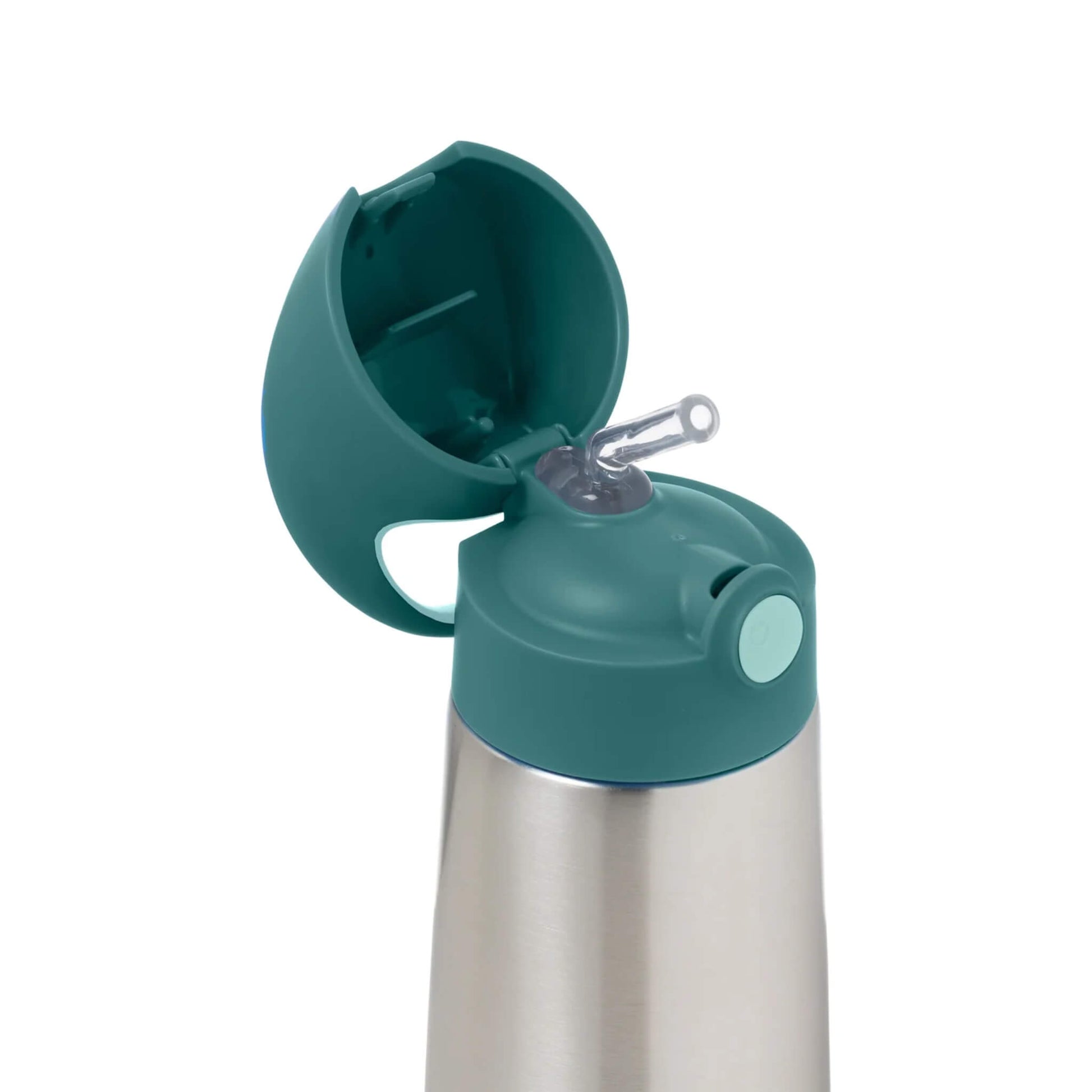 Top view of an Insulated chidlren's Drink Bottle with the lid open, showing the soft silicone straw and easy-to-use button mechanism.