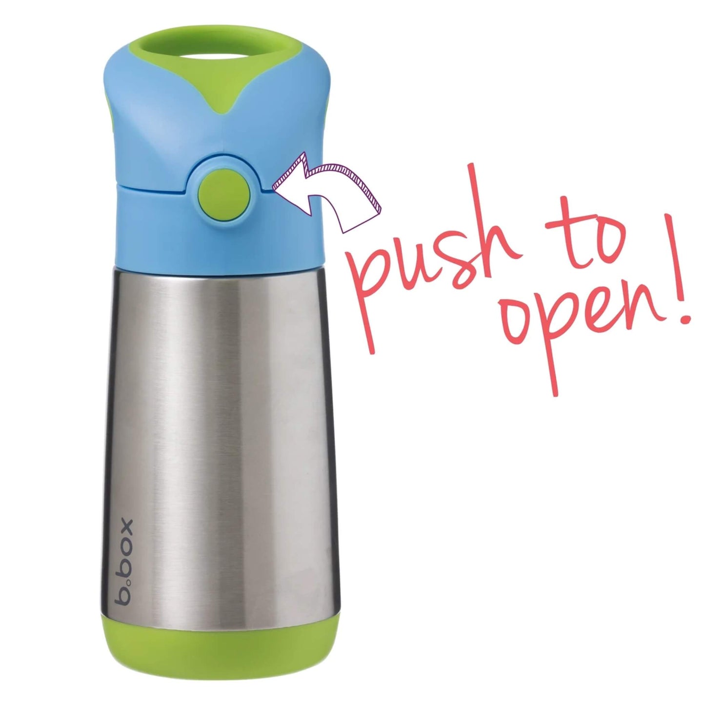  Push button lid detail for easy one-handed opening of a children's drink bottle.