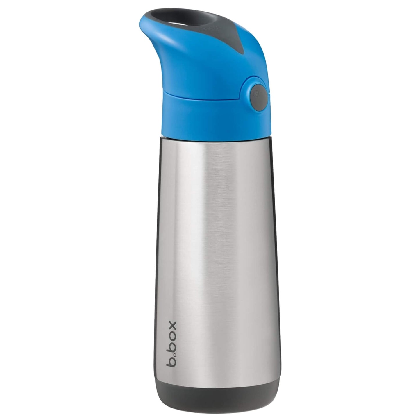 b.box Insulated Drink Bottle 500ml in the Blue Slate colourway shown upright with a stainless steel body and a blue lid with carry handle.