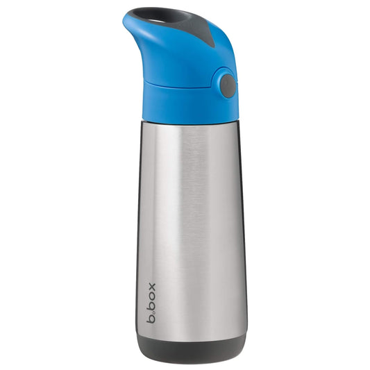 b.box Insulated Drink Bottle 500ml in the Blue Slate colourway shown upright with a stainless steel body and a blue lid with carry handle.