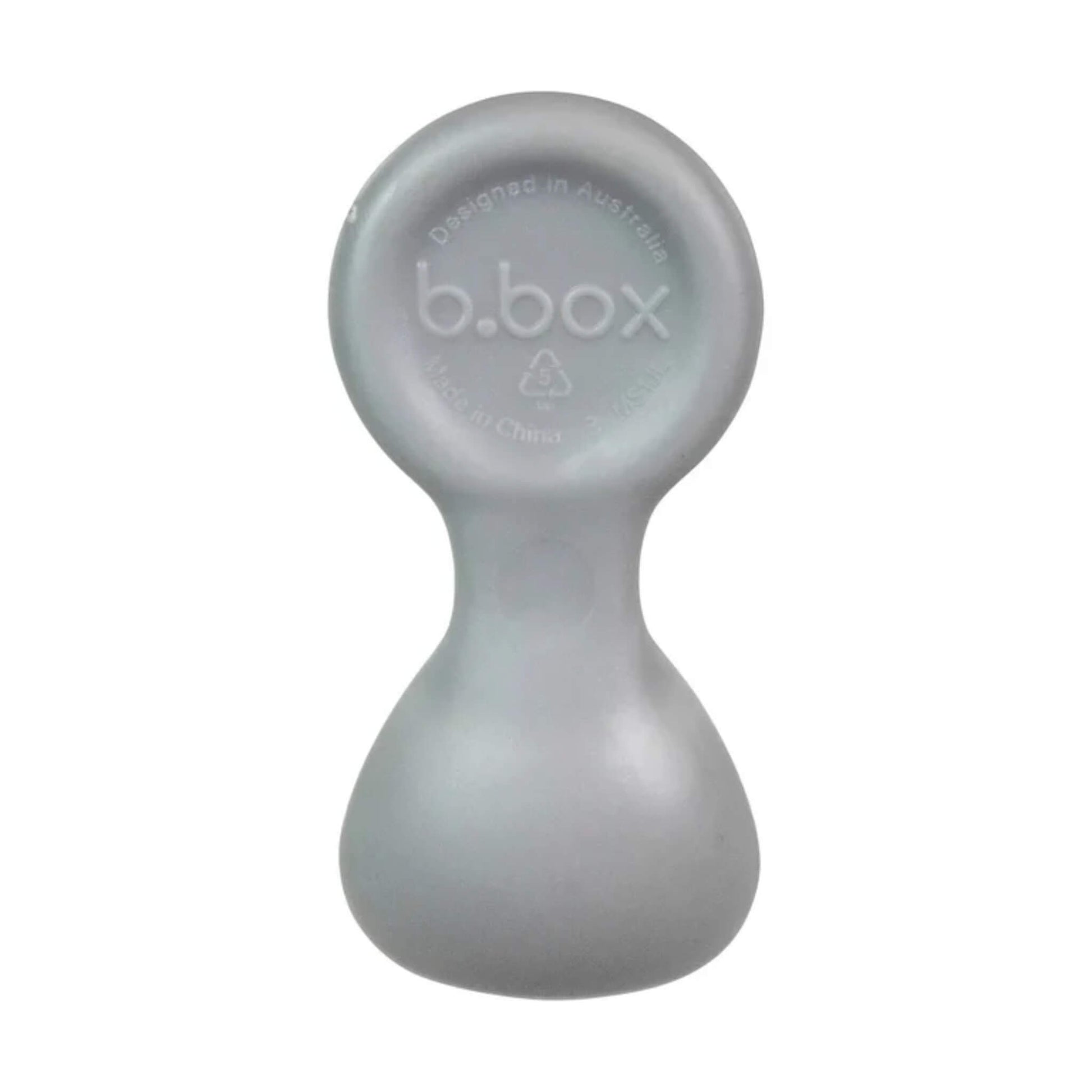 Single baby weaning spoon shown upright in a soft grey shade with a smooth rounded handle and broad scoop.