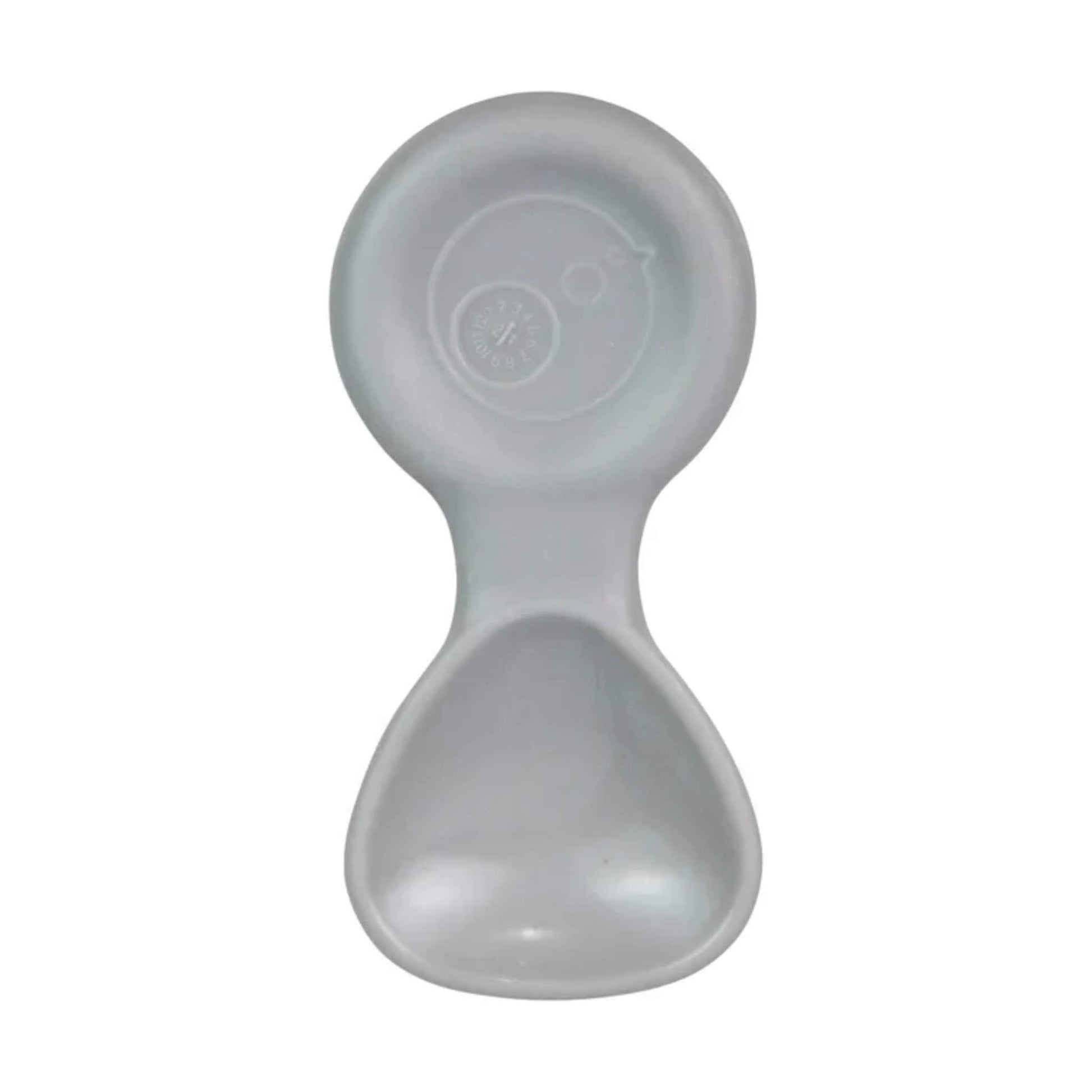 Baby weaning spoon in a soft grey shade shown from above, revealing the curved head and shallow scoop design.