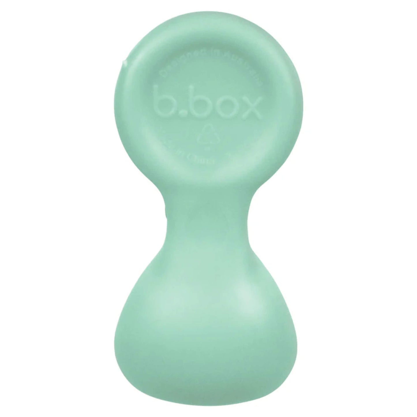 Single weaning spoon shown upright in a mint shade with a smooth rounded handle and wide scoop.