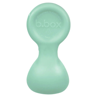 Single weaning spoon shown upright in a mint shade with a smooth rounded handle and wide scoop.