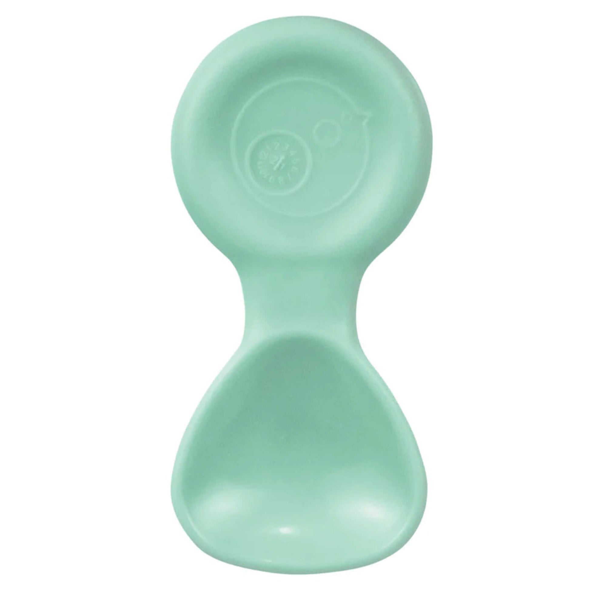 Weaning spoon in a mint shade shown from above, displaying the rounded head and curved scoop.