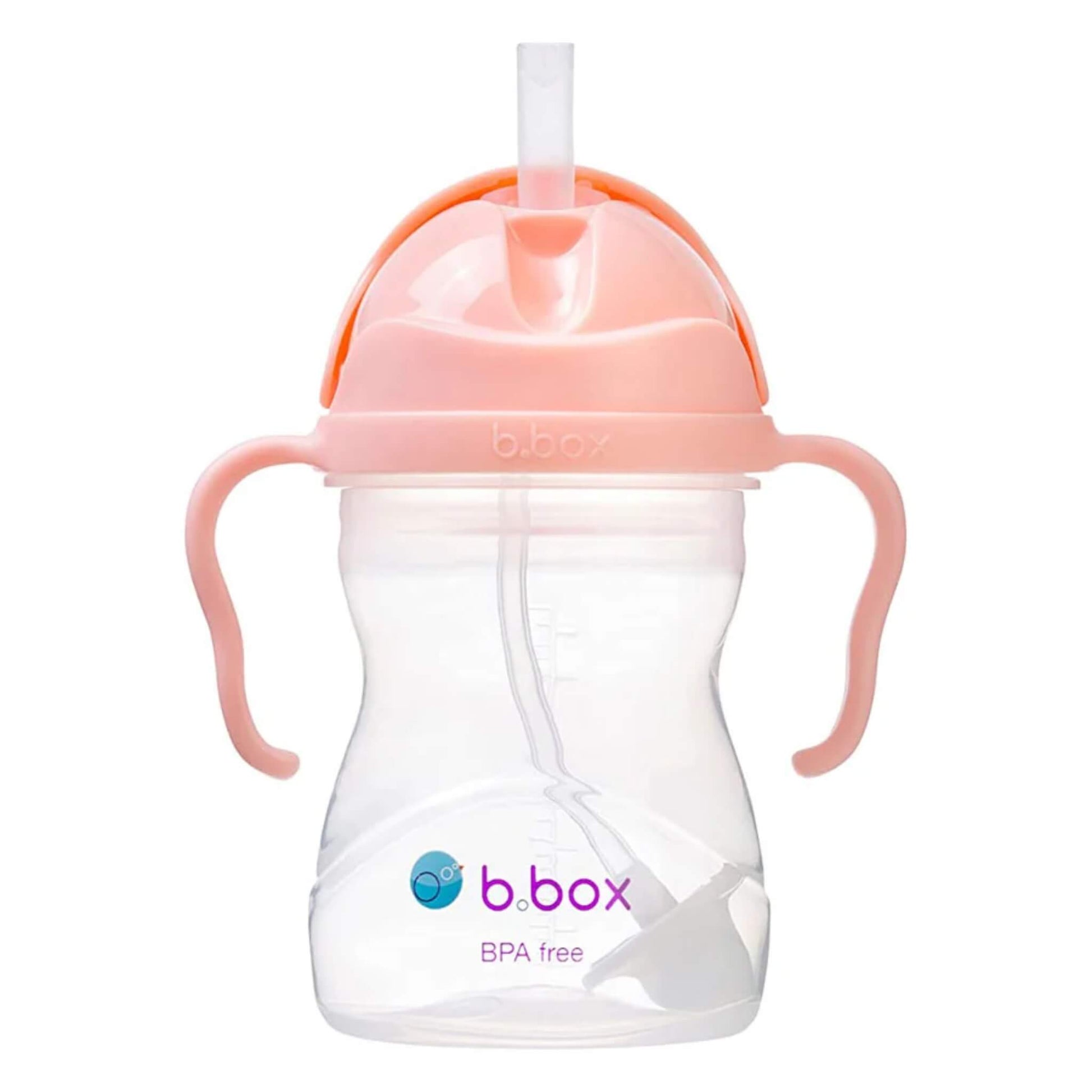 b.box Sippy Cup in the Tutti Frutti colourway shown upright with a clear body, peach-pink handles and a visible weighted straw inside.