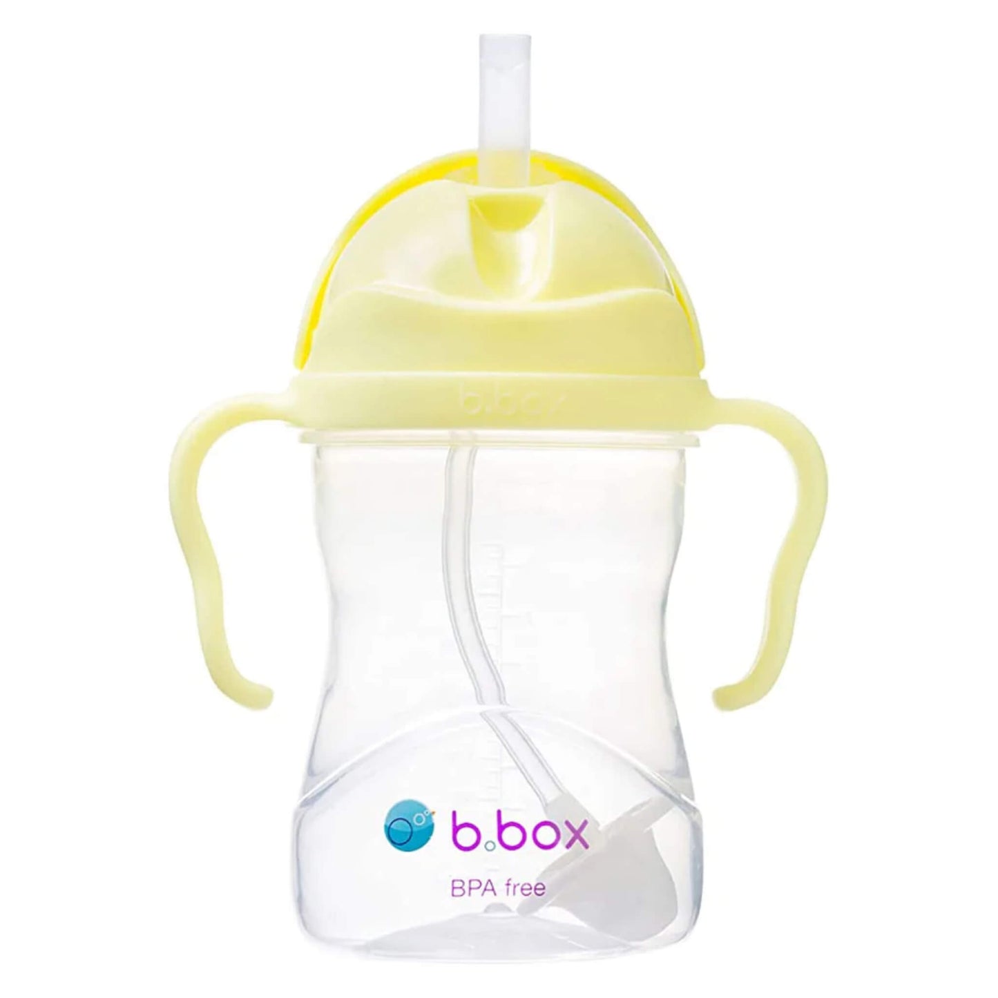The b.box Sippy Cup in the Banana Split colourway shown upright with a clear body, pink easy-grip handles, and a visible weighted straw inside.