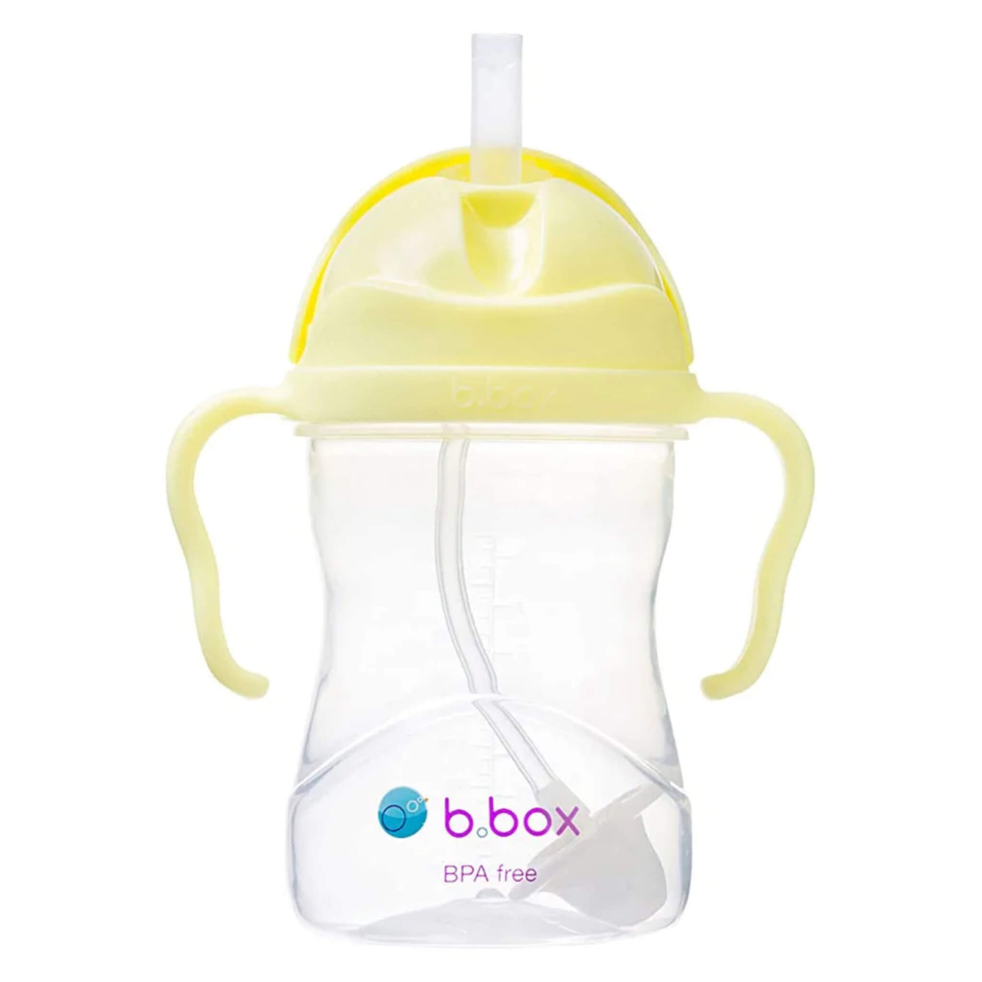 The b.box Sippy Cup in the Banana Split colourway shown upright with a clear body, pink easy-grip handles, and a visible weighted straw inside.