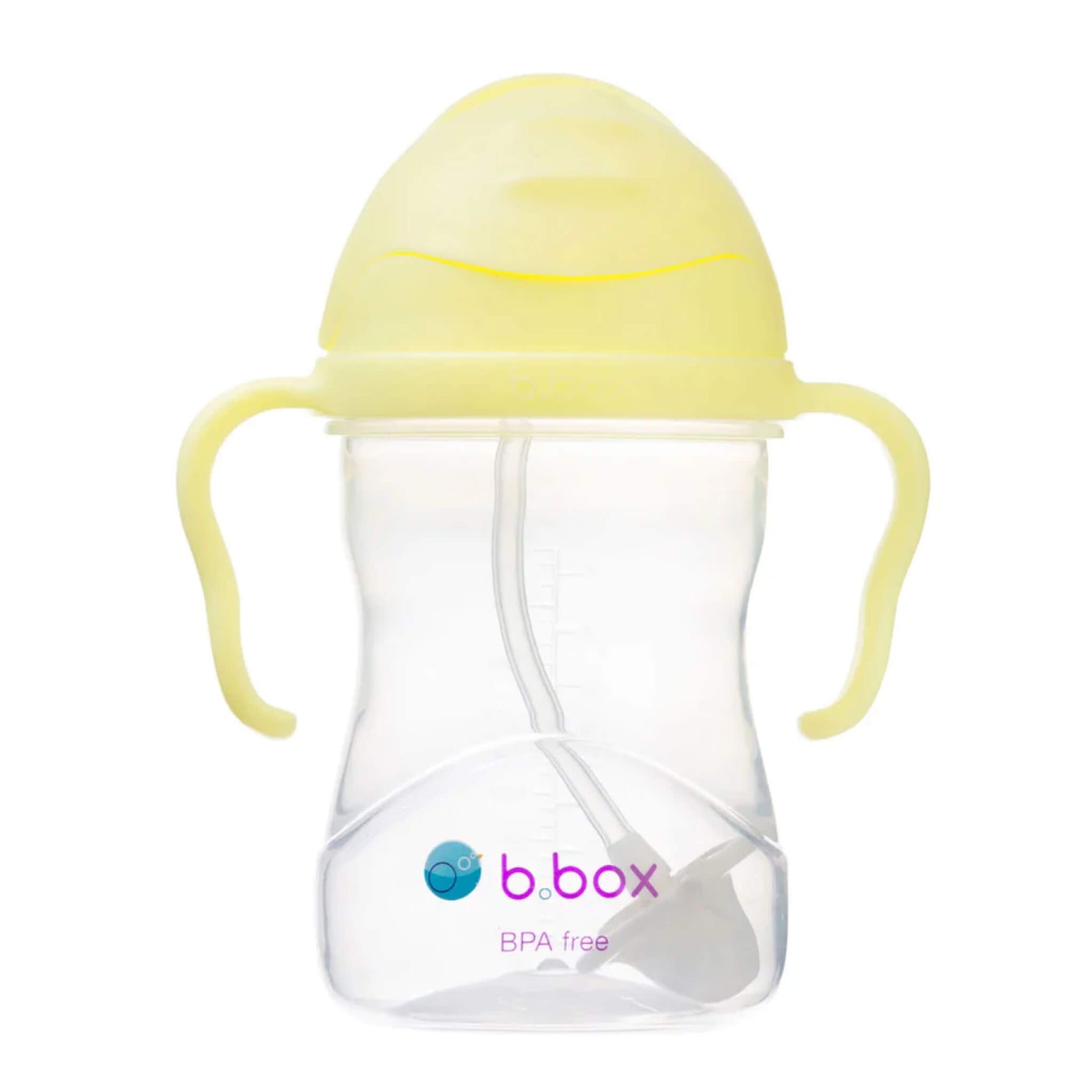 A yellow-lidded sippy cup shown with the flip-top lid closed, clear body visible, and curved handles on each side.