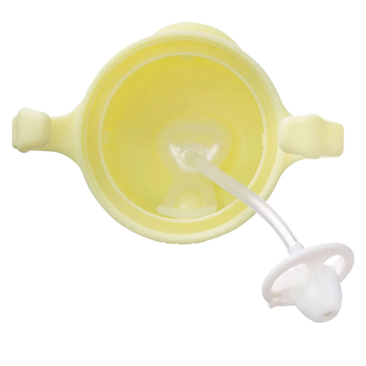 A close-up view of the underside of a yellow sippy cup’s lid showing the silicone weighted straw extending through the centre of the lid.