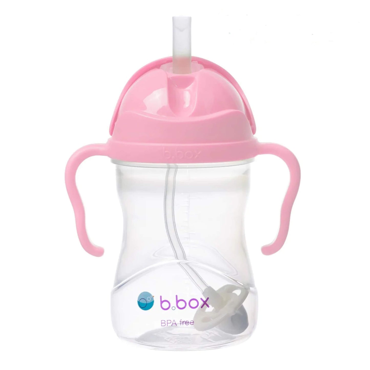 The b.box Sippy Cup in the Cherry Blossom colourway shown upright with a clear body, pink easy-grip handles, and a visible weighted straw inside.