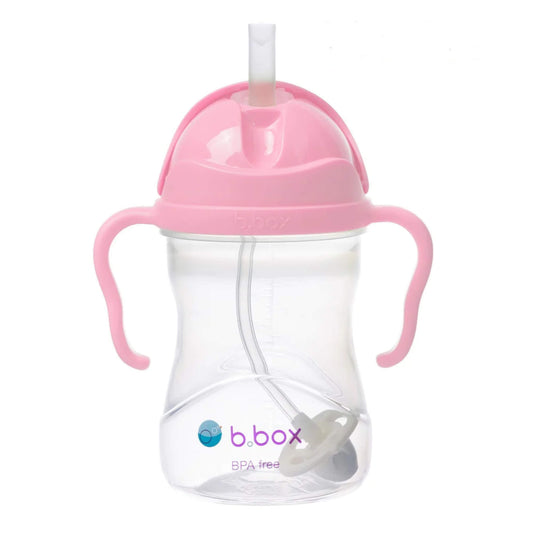 The b.box Sippy Cup in the Cherry Blossom colourway shown upright with a clear body, pink easy-grip handles, and a visible weighted straw inside.