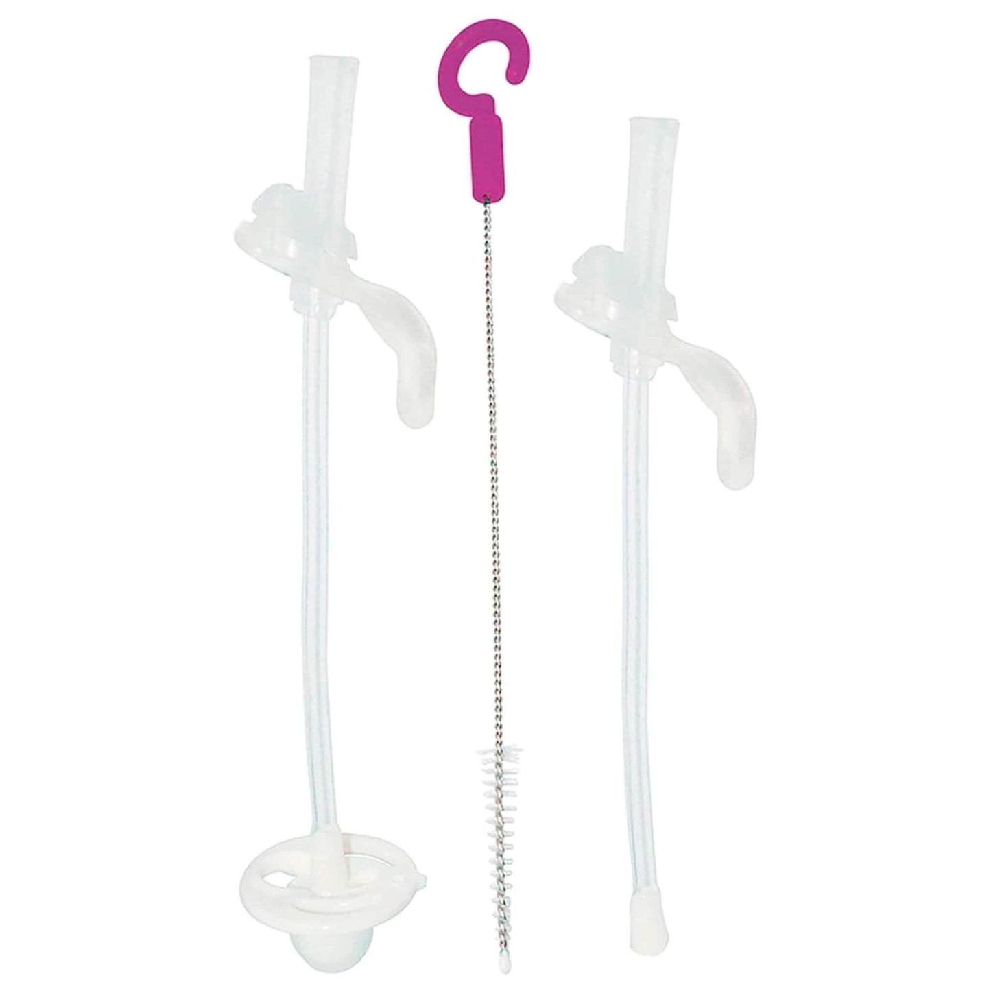 The b.box Sippy Cup Replacement Straw & Cleaner shown with two clear silicone straws, a weighted base, and a slim metal brush with a pink hook handle.