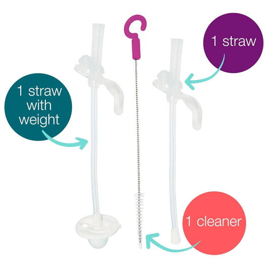 Two clear silicone straws with different base styles shown alongside a slim metal cleaning brush, each part labelled with simple text bubbles.