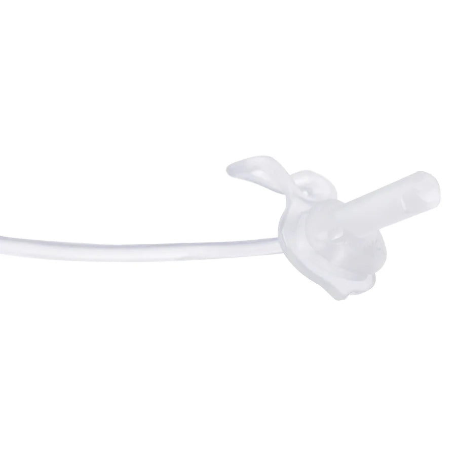 A close-up of a clear silicone straw section with a soft translucent mouthpiece connected to a flexible tube.