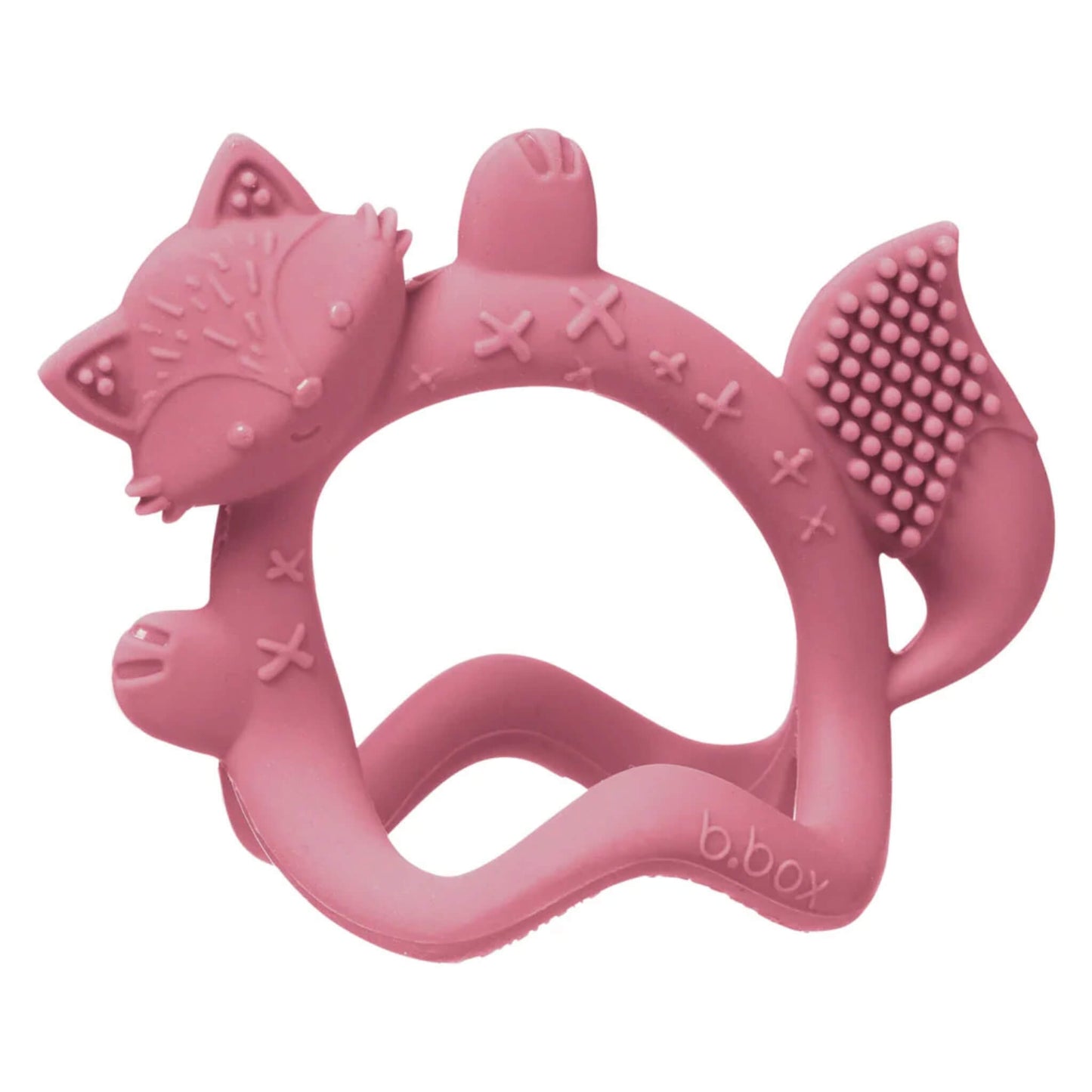 The b.box Wrist Teether in blush shown upright, shaped like a fox with raised textures and a flexible loop for babies to hold.