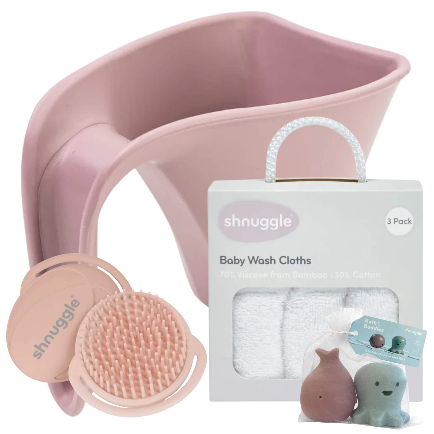 Soft pink baby bath jug displayed alongside a silicone scalp brush, white wash cloths in presentation packaging, and two pastel bath toys shaped like an octopus and whale.