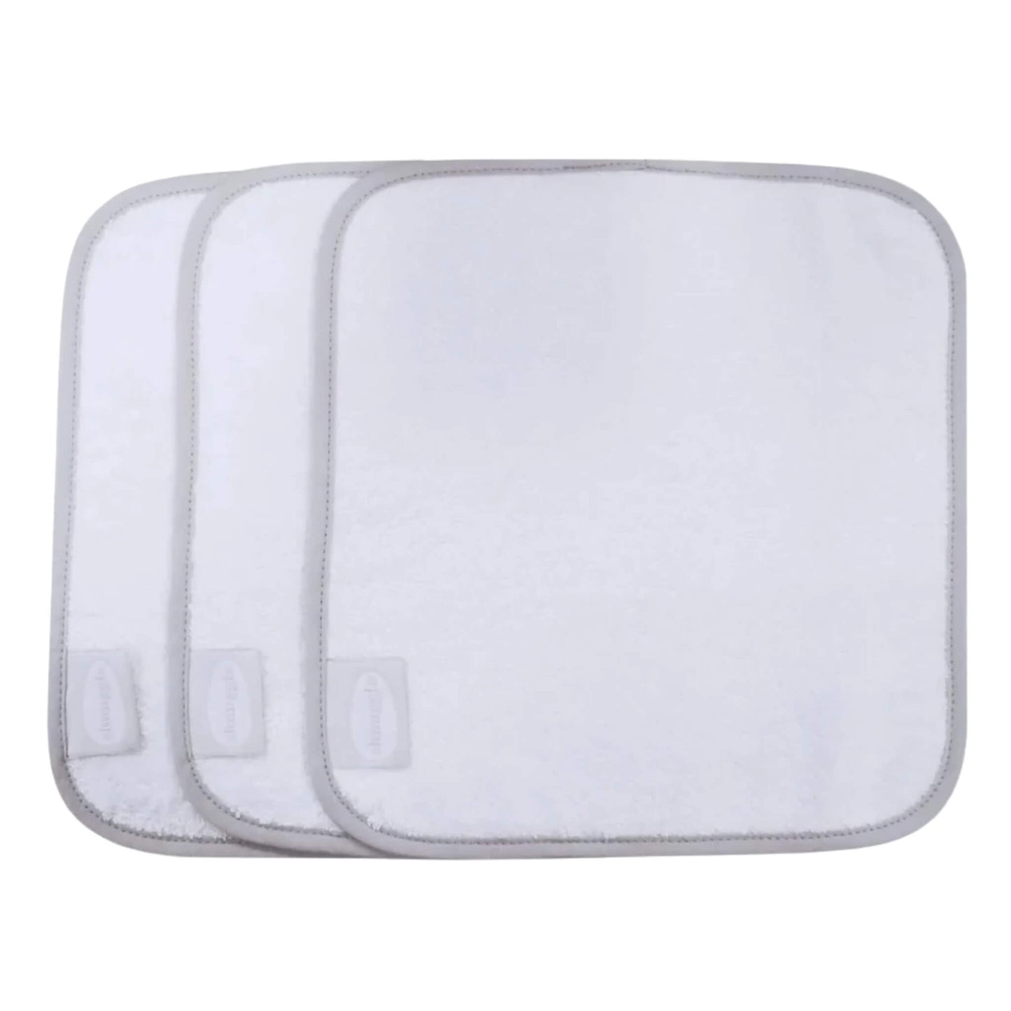 Pack of three white bamboo and cotton baby wash cloths with soft absorbent texture and grey trim edging.