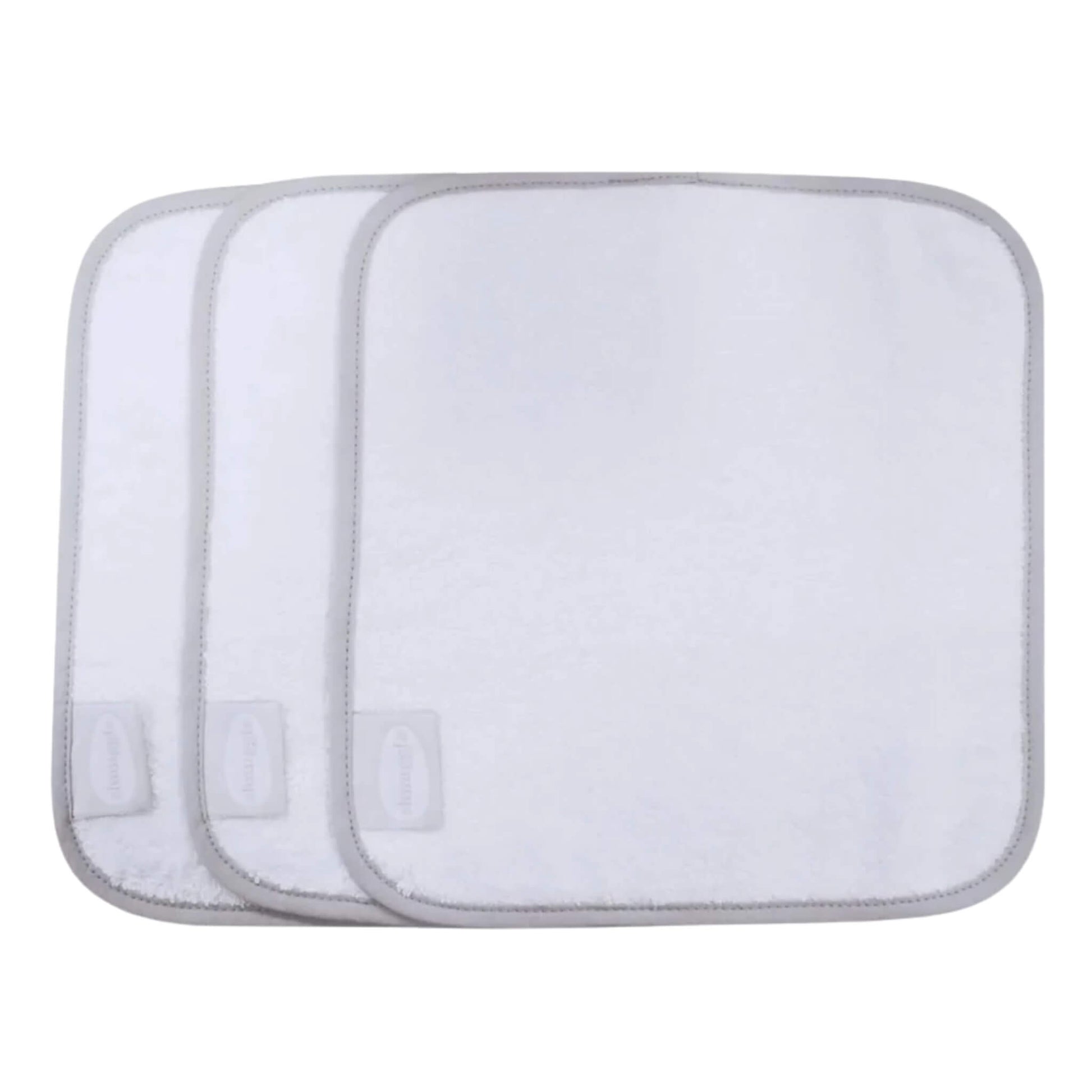 Pack of three white bamboo and cotton baby wash cloths with soft absorbent texture and grey trim edging.