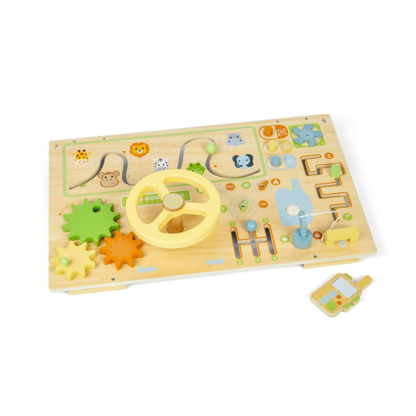 Bigjigs Toys Jungle Busy Board wooden sensory activity panel with spinning steering wheel, moving sliders, gears, maze tracks and animal illustrations on a light wood background.