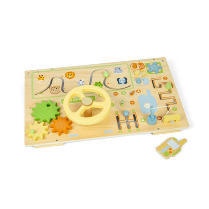 Bigjigs Toys Jungle Busy Board wooden sensory activity panel with spinning steering wheel, moving sliders, gears, maze tracks and animal illustrations on a light wood background.