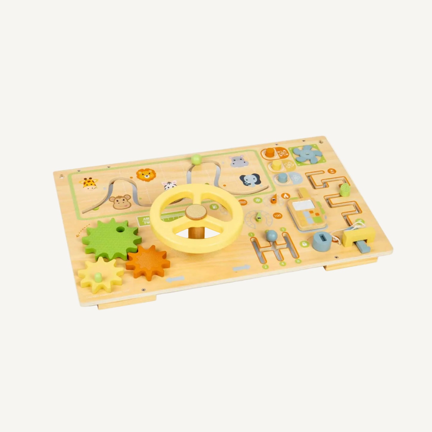 Wooden sensory activity board with a steering wheel, sliding maze track, rotating gears, pretend phone and lock-and-key activity arranged across a pale wood panel.